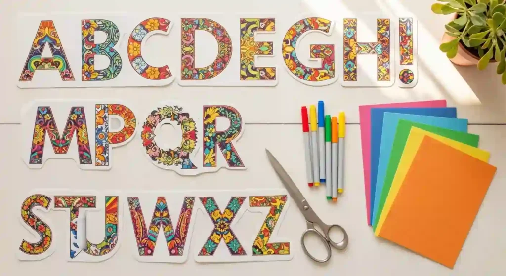 Moldes de letras bonitas impresos en papel con tijeras y foami sobre mesa de madera
